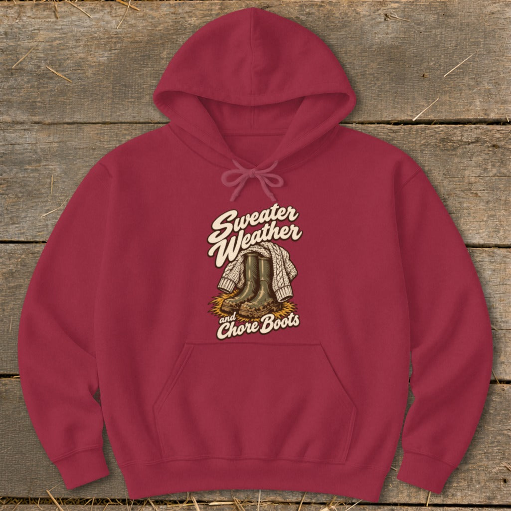 Red hoodie with "Sweater Weather and Chore Boots" graphic featuring boots and a sweater.