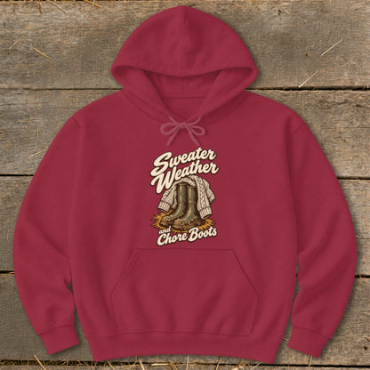 Red hoodie with "Sweater Weather and Chore Boots" graphic featuring boots and a sweater.