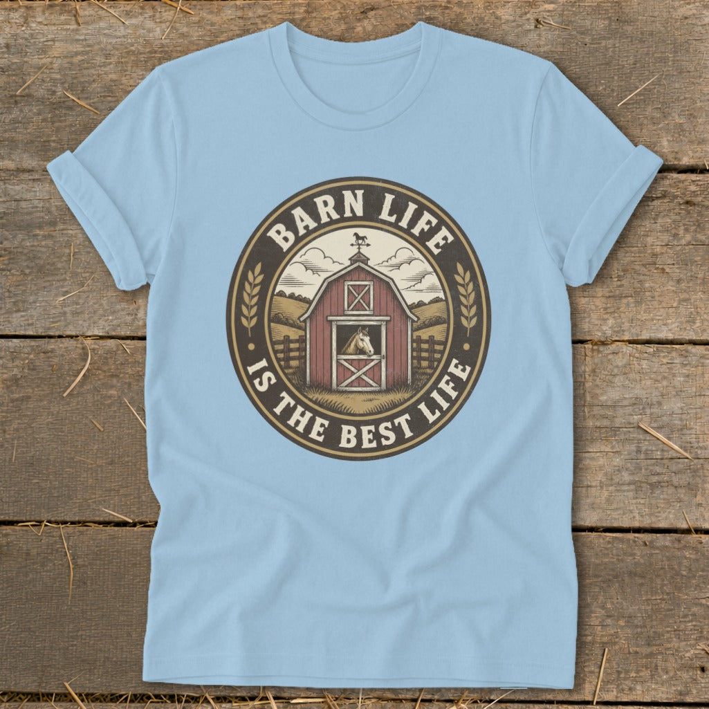 Light blue t-shirt with circular graphic of a red barn, horse, and text "Barn Life Is The Best Life".