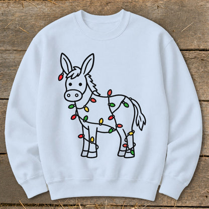Light blue sweatshirt with a cartoon donkey wrapped in Christmas lights.