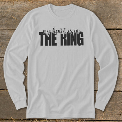 Light grey long sleeve shirt with black text reading "my heart is in THE RING".