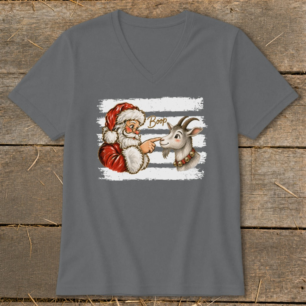 Santa booping a goat with "Boop" text on a grey t-shirt.