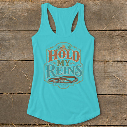 Turquoise tank top with "Hold My Reins" text and a leather horse bridle graphic.