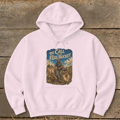 Pink hoodie with graphic: "The Call of the Feed Bucket" and farmer with animals.