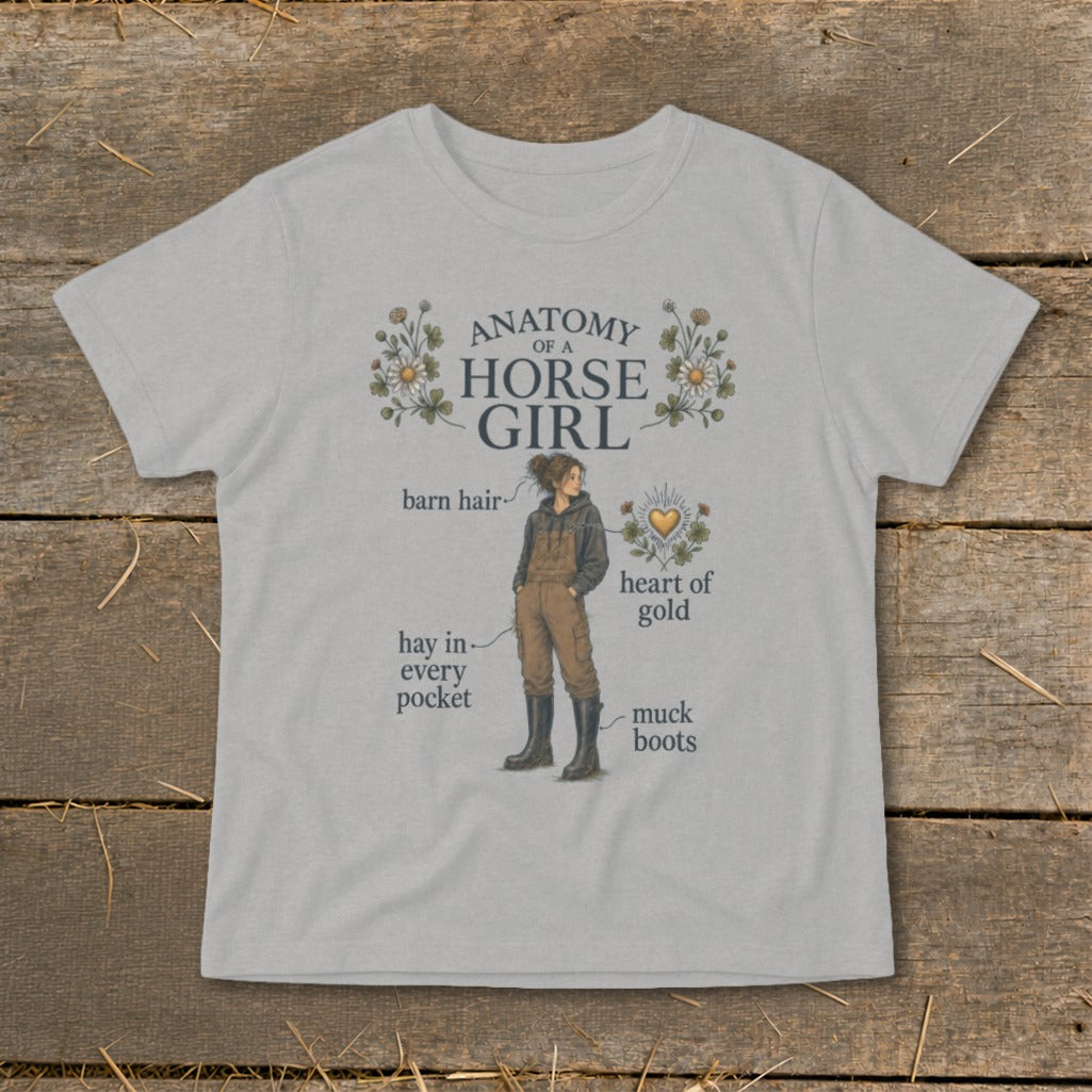 T-shirt graphic: "Anatomy of a Horse Girl" with labeled features.