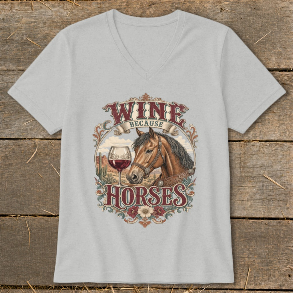 Grey v-neck t-shirt with "Wine Because Horses" graphic featuring a horse and wine.