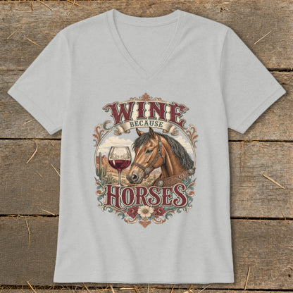 Grey v-neck t-shirt with "Wine Because Horses" graphic featuring a horse and wine.