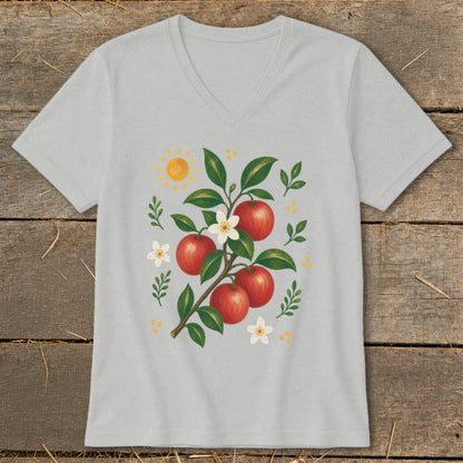 Light gray t-shirt with a watercolor illustration of an apple branch, flowers, and sun.
