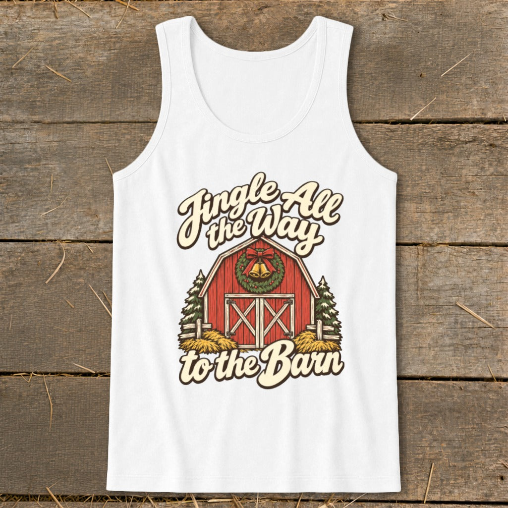 White tank top with a distressed graphic of a red barn, wreath, bells, trees, and text.