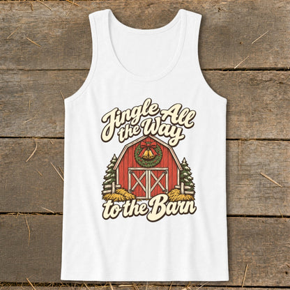 White tank top with a distressed graphic of a red barn, wreath, bells, trees, and text.