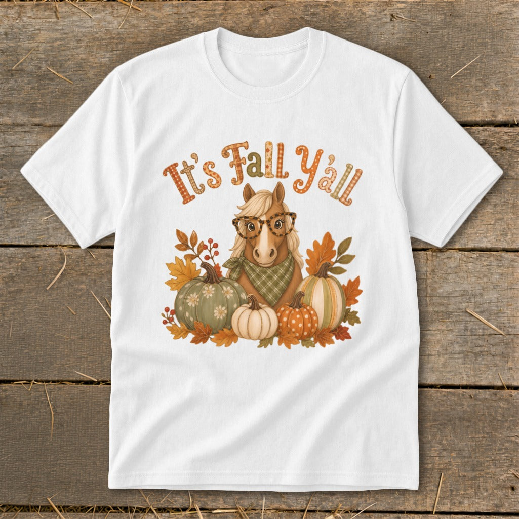 White t-shirt with a horse wearing glasses and a bandana surrounded by pumpkins.