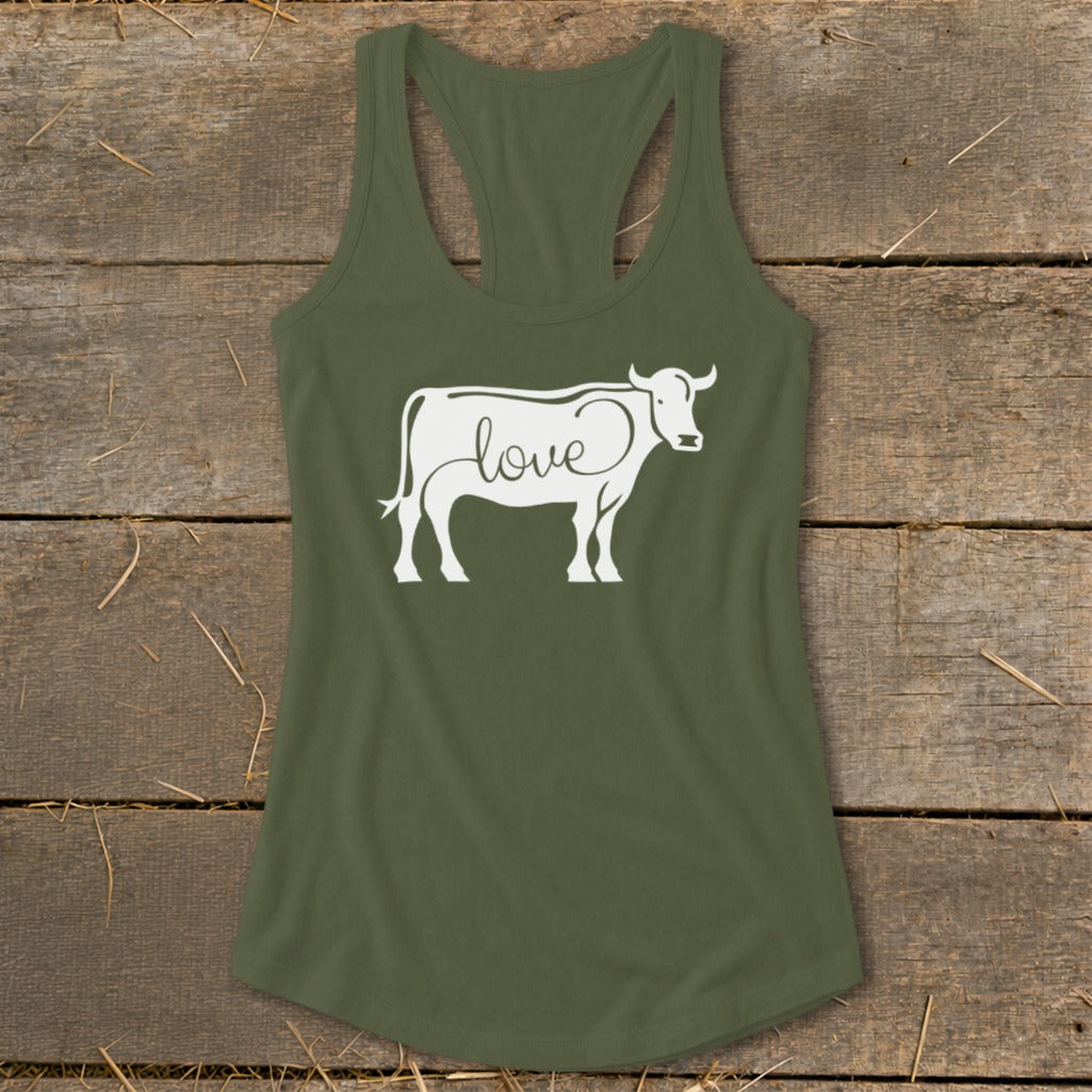 Olive green racerback tank top with white cow outline and "love" text graphic.