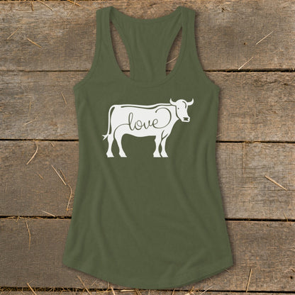 Olive green racerback tank top with white cow outline and "love" text graphic.