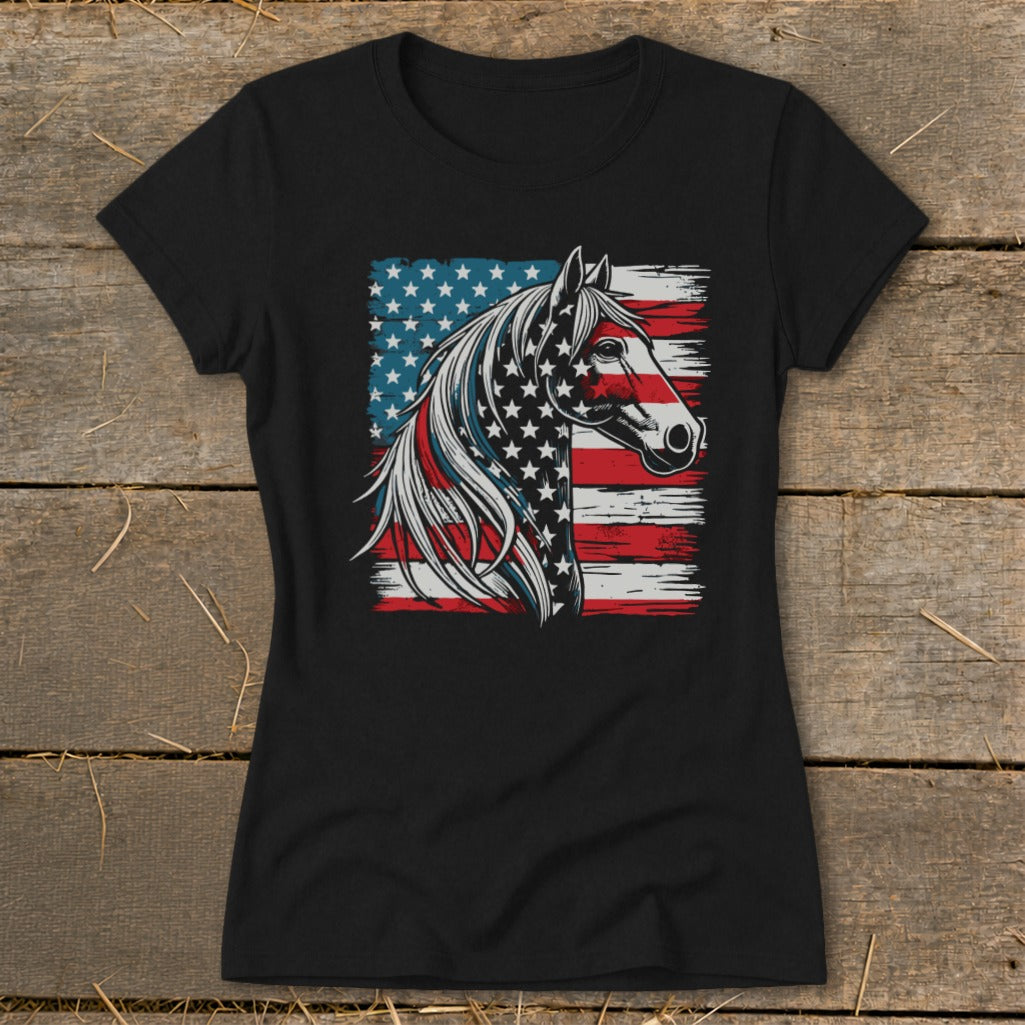 Black t-shirt with a horse head graphic overlaid on the American flag.