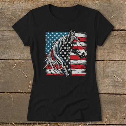 Black t-shirt with a horse head graphic overlaid on the American flag.