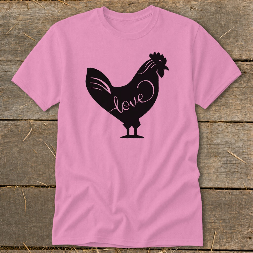 Pink t-shirt with black silhouette of a rooster with the word "love" inside.