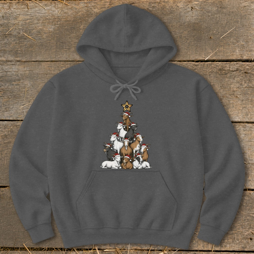 Dark grey hoodie with a Christmas tree made of goats wearing Santa hats.
