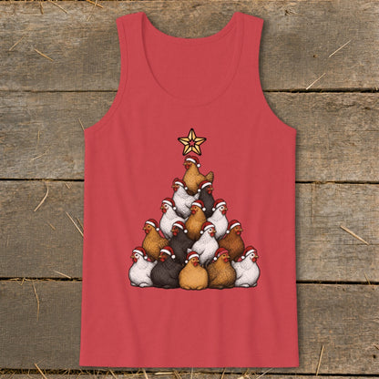 Red tank top with a Christmas tree made of chickens wearing Santa hats.