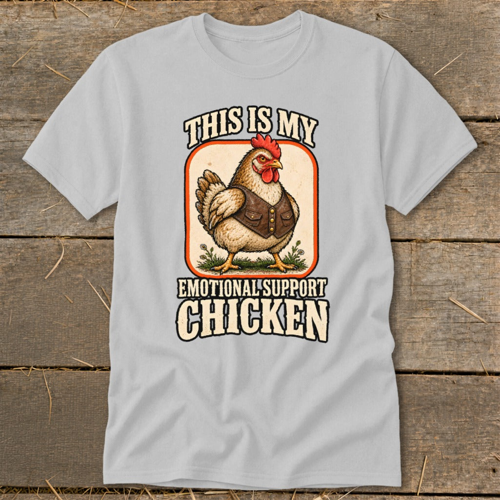 Chicken wearing a vest with text "This is my emotional support chicken".