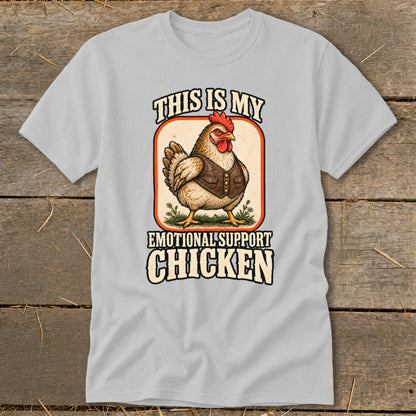 Chicken wearing a vest with text "This is my emotional support chicken".