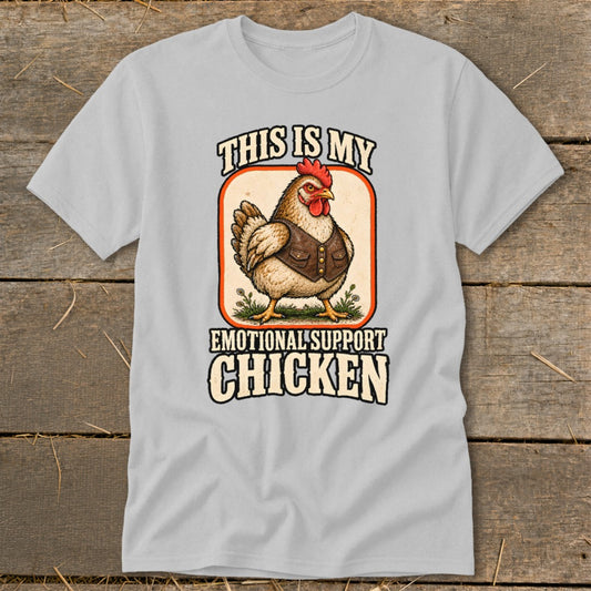 Chicken wearing a vest with text "This is my emotional support chicken".