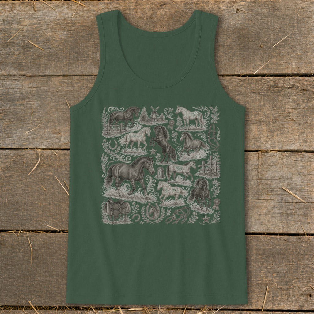 Green tank top with a detailed equestrian collage print featuring horses, saddles, and windmills.