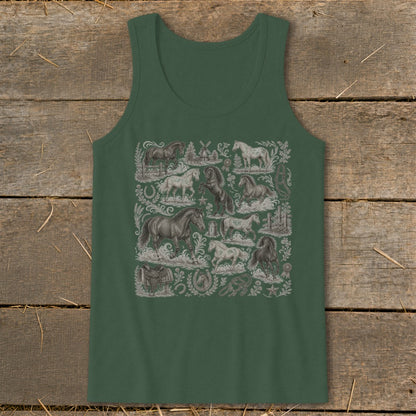 Green tank top with a detailed equestrian collage print featuring horses, saddles, and windmills.