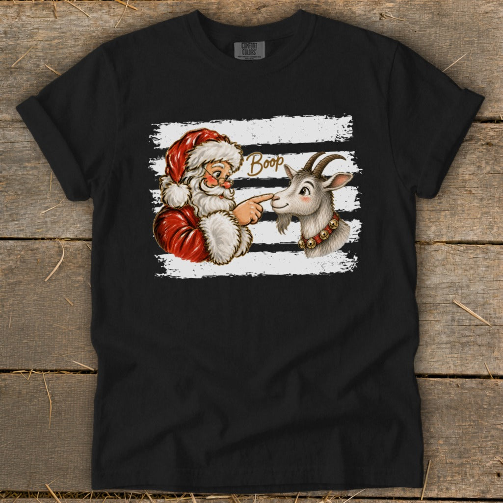 Santa booping a goat on the nose with "Boop" text.
