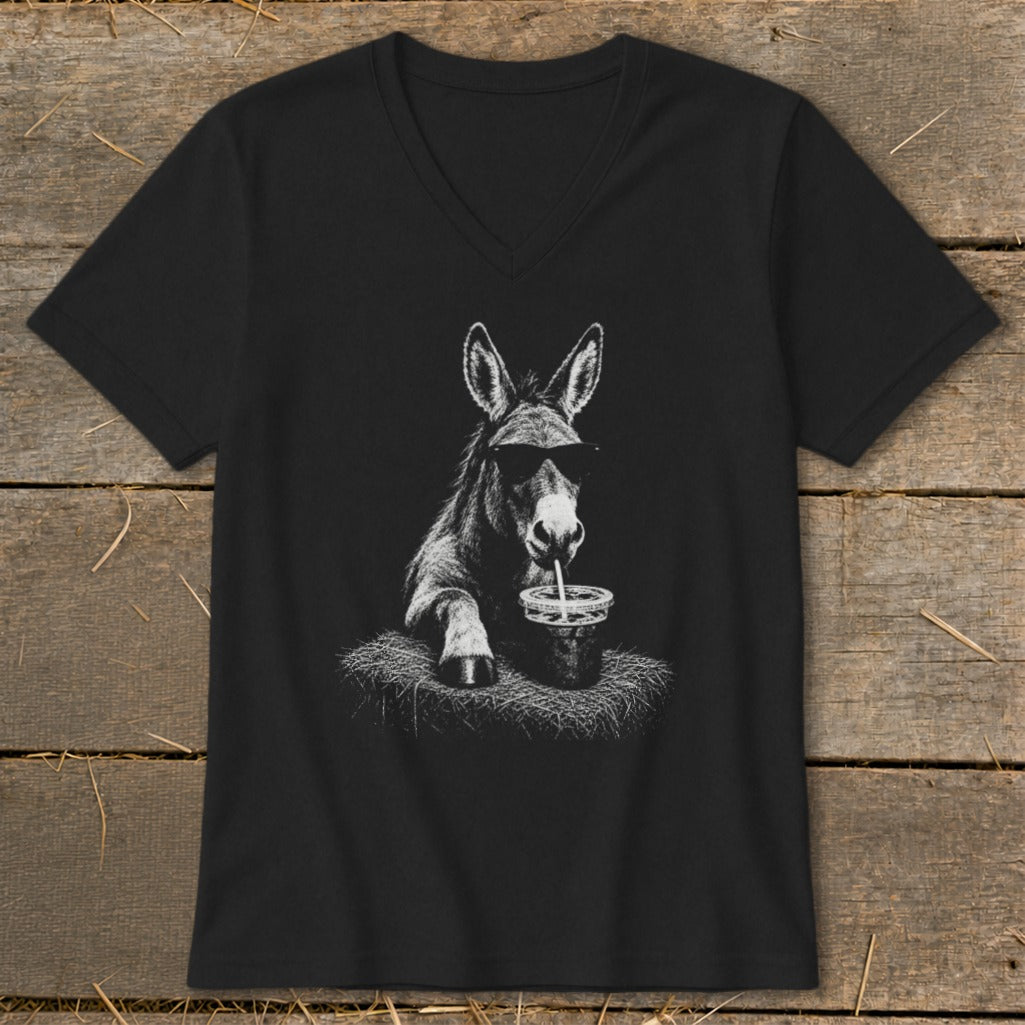 Black t-shirt with v-neck featuring a donkey wearing sunglasses drinking from a cup.
