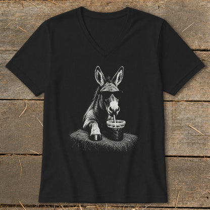 Black t-shirt with v-neck featuring a donkey wearing sunglasses drinking from a cup.