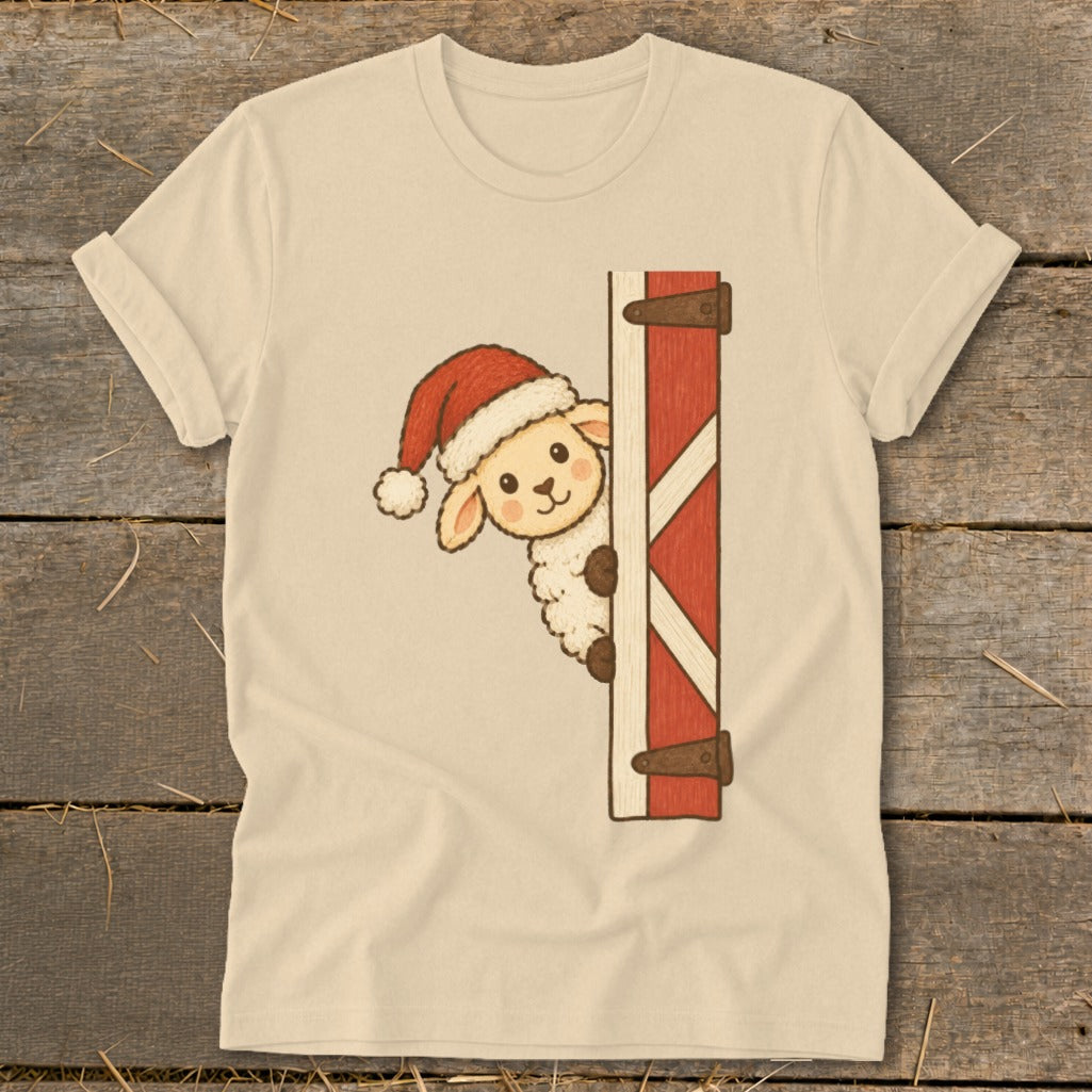 Sheep wearing a Santa hat peeking from behind a barn door.