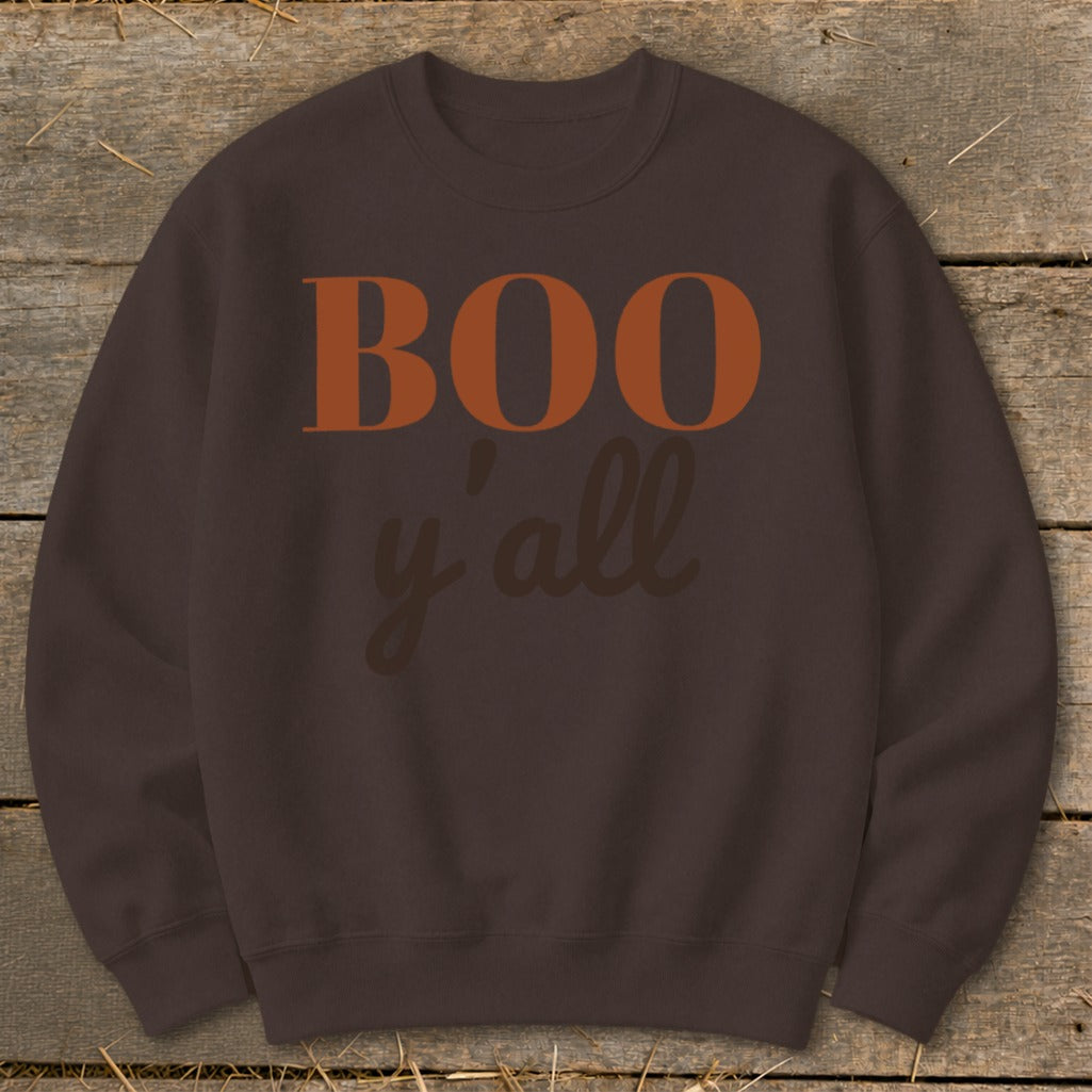 Brown crewneck sweatshirt with "BOO y'all" graphic.
