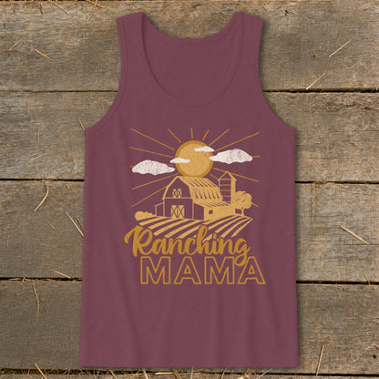 Burgundy tank top with farm graphic and "Ranching Mama" text.