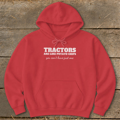Red hoodie with "Tractors are like potato chips you can't have just one" text.