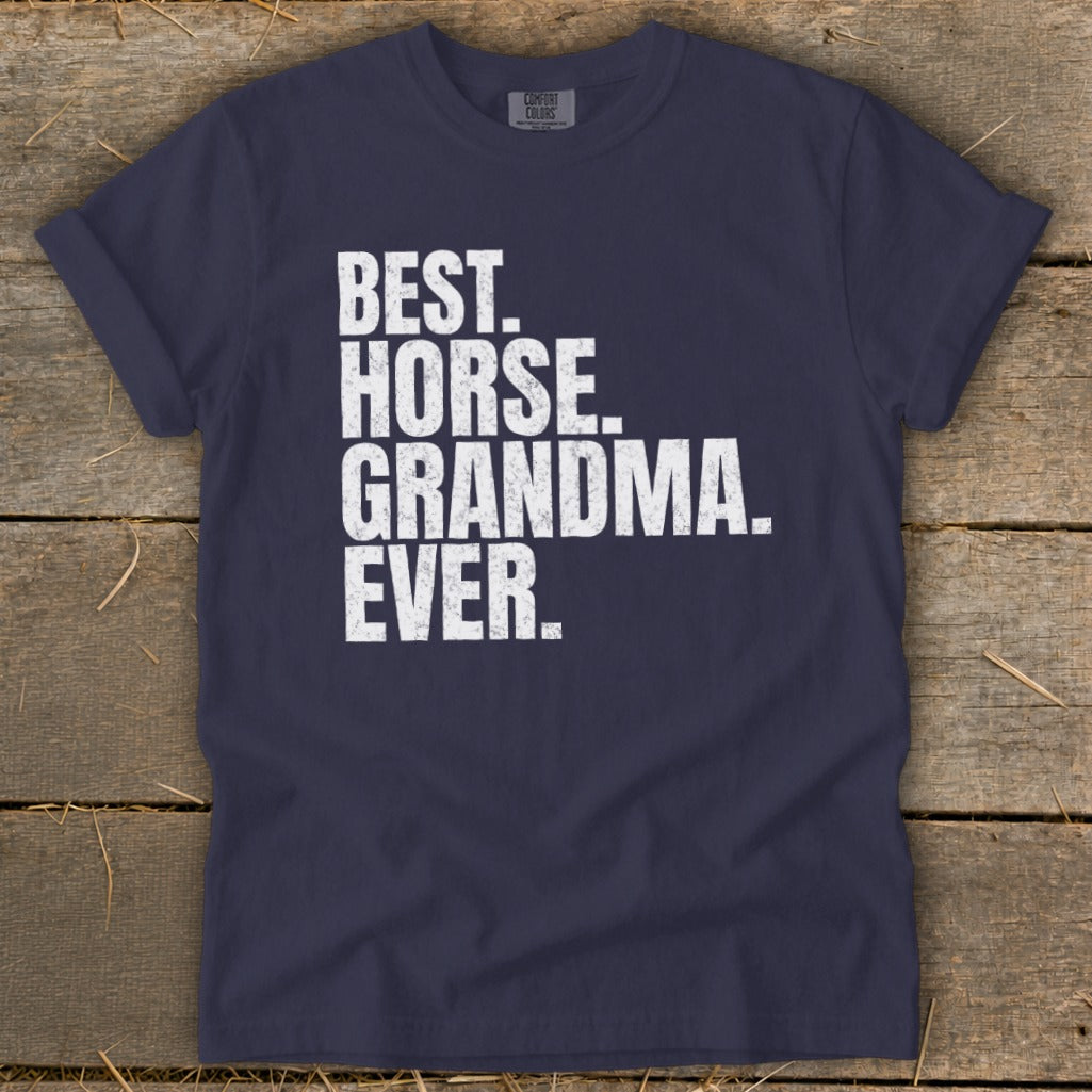 Navy t-shirt with white text: "BEST. HORSE. GRANDMA. EVER."