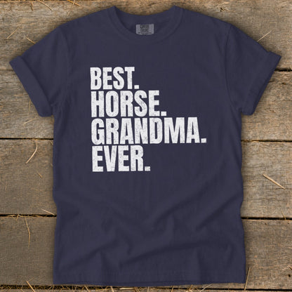 Navy t-shirt with white text: "BEST. HORSE. GRANDMA. EVER."