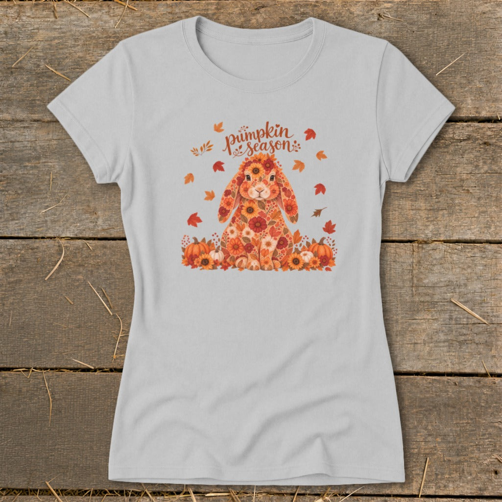 Light gray t-shirt with a floral bunny and pumpkins graphic and text "pumpkin season".