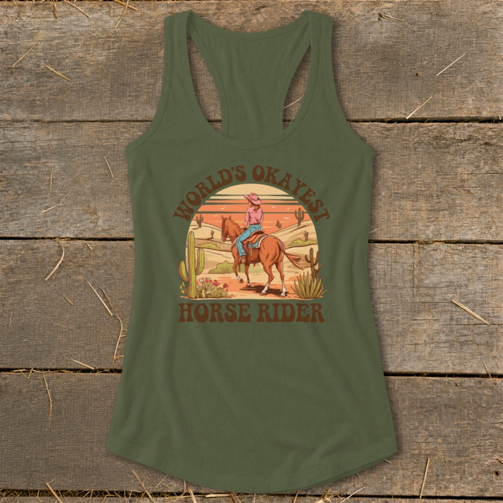 Green tank top with "World's Okayest Horse Rider" text and desert scene illustration.
