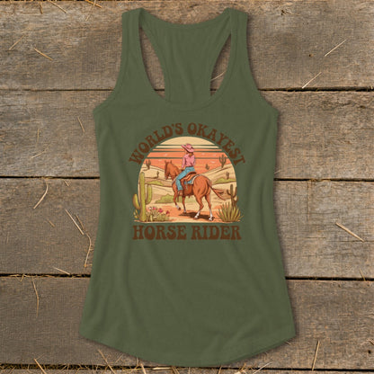 Green tank top with "World's Okayest Horse Rider" text and desert scene illustration.