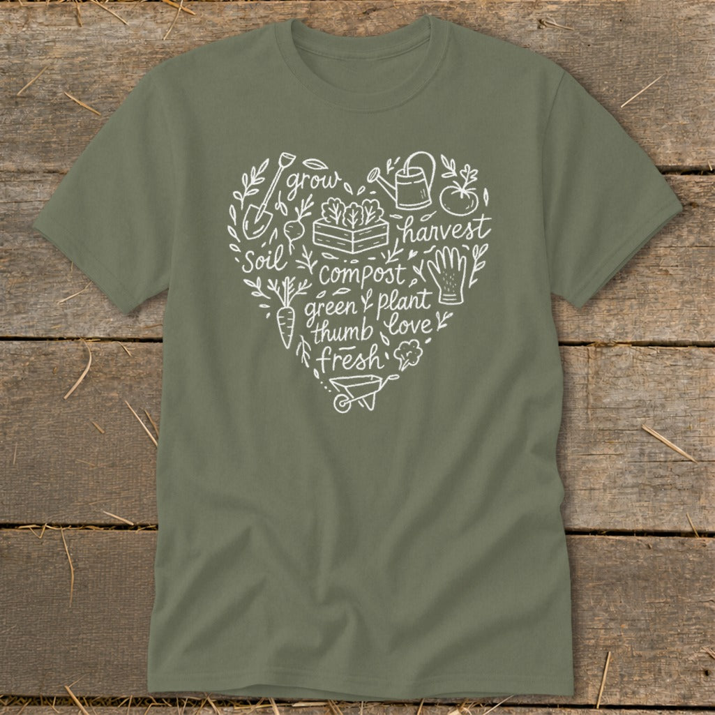 Olive green t-shirt with white heart-shaped garden graphic and text.