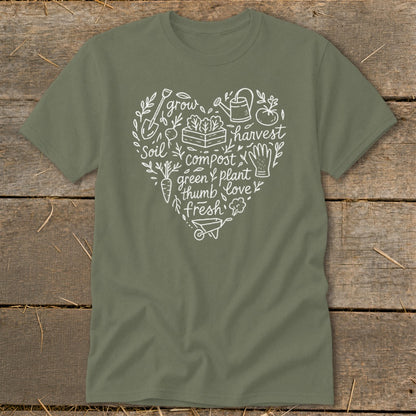 Olive green t-shirt with white heart-shaped garden graphic and text.