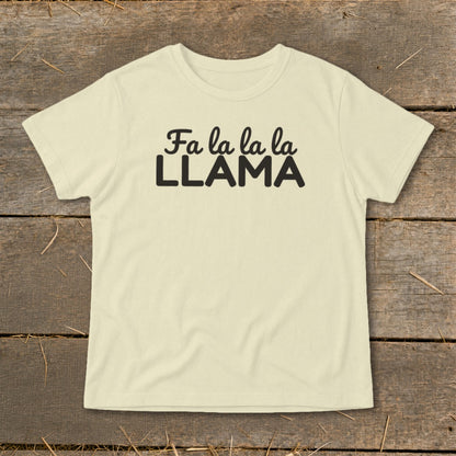 Cream t-shirt with black text that reads "Fa la la la la LLAMA".