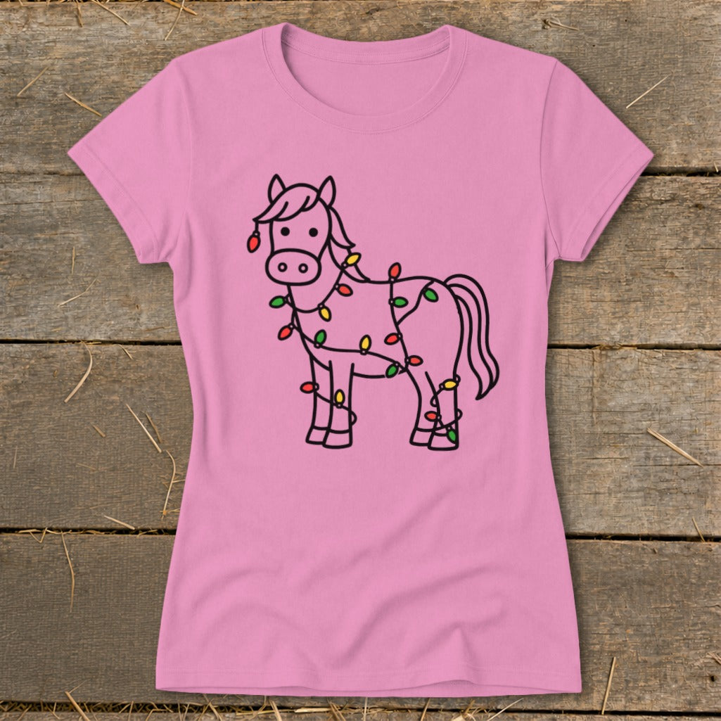 Pink t-shirt with a line drawing of a horse wrapped in Christmas lights.