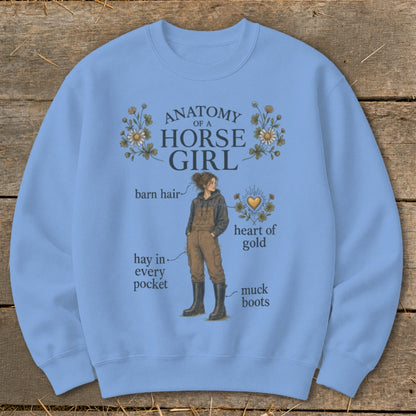 Light blue sweatshirt with "Anatomy of a Horse Girl" graphic and anatomical labels.