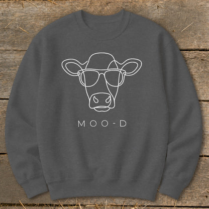 Dark gray sweatshirt with white line art of a cow wearing sunglasses and the text "MOO-D".