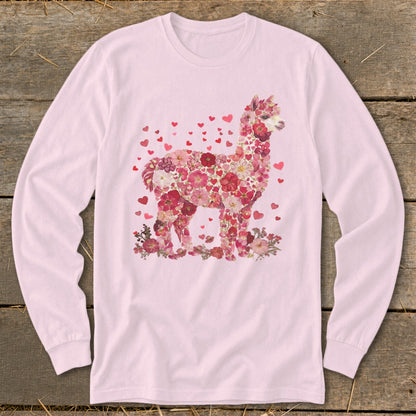 Pink long-sleeved shirt with a floral alpaca design and scattered red hearts.