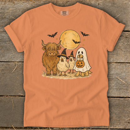 Halloween graphic of highland cow, chickens, and dog dressed as ghost and pumpkin.
