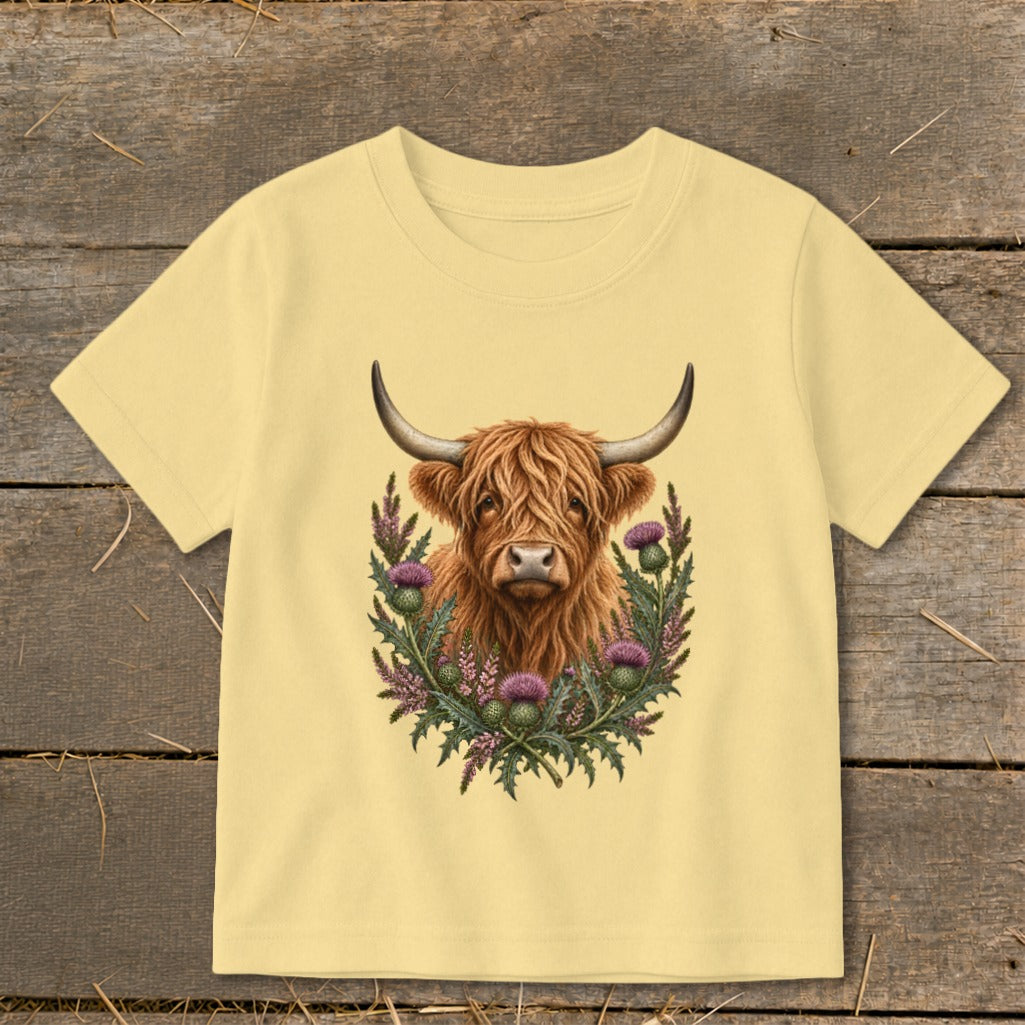 Highland cow illustration with thistles on a pale yellow t-shirt.