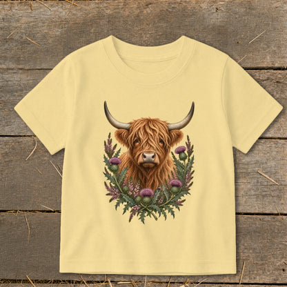 Highland cow illustration with thistles on a pale yellow t-shirt.