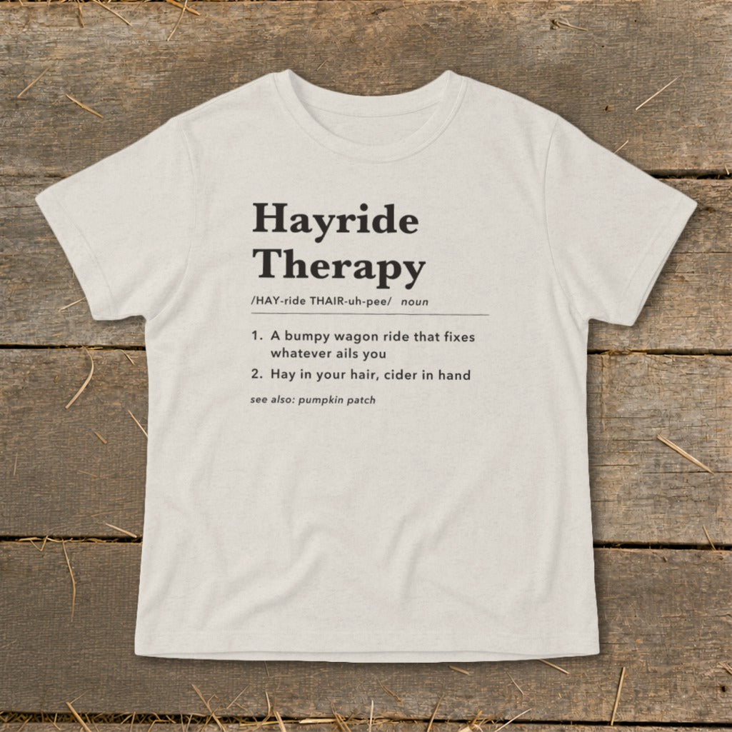T-shirt with "Hayride Therapy" definition in black text.